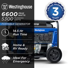 Westinghouse WGen5300cv Recoil Start 6600 Starting / 5300 Running Watt Gasoline