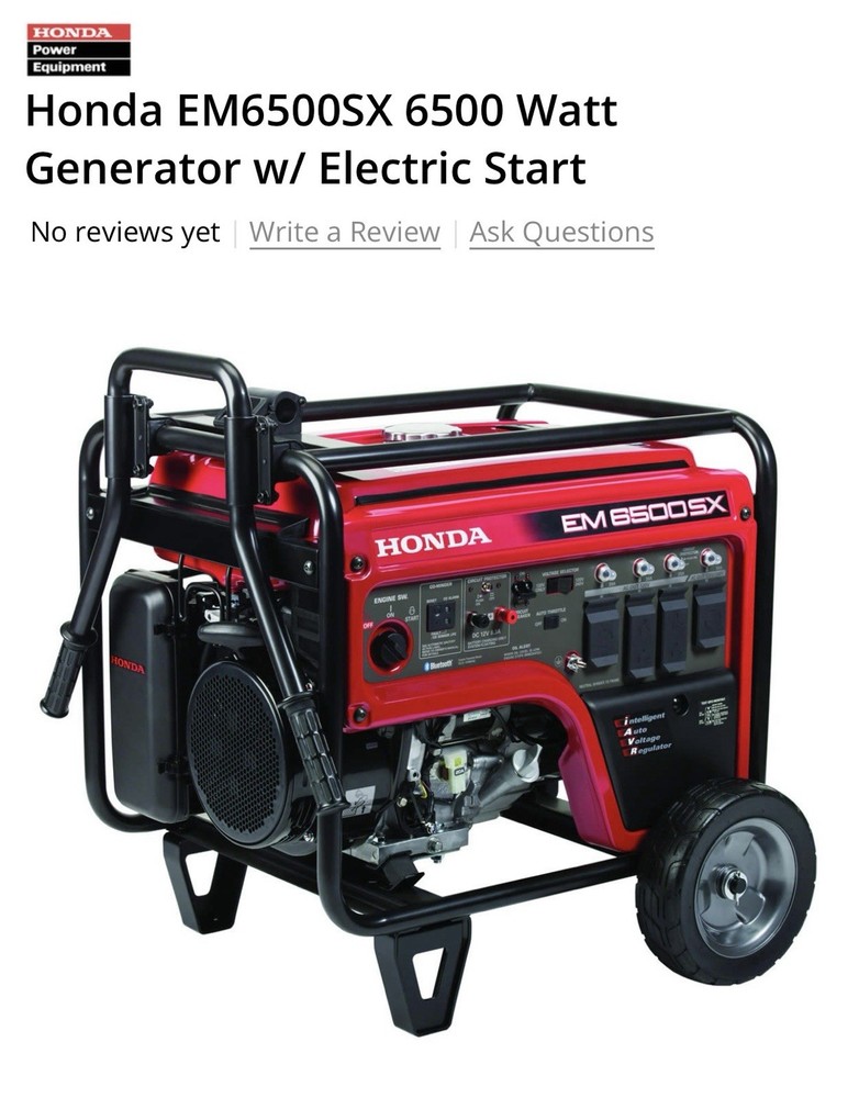 Honda EM6500SX 6500 Watt Electric Start Power Generator Red Black