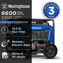 Westinghouse WGen5300c Remote Electric Start 6600 / 5300 -Watt Gasoline Single f
