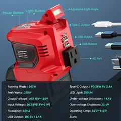 220W Portable Power Inverter for Milwaukee 18V Battery, AC 110V, USB & LED Light