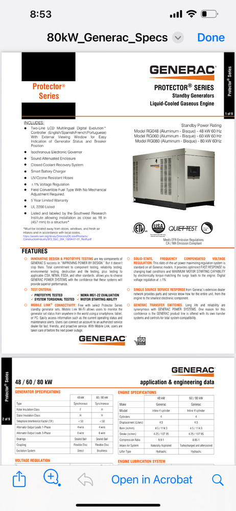 Generac Protector Series 60 kw Stand-by Generator Liquid-Cooled Gaseous Engine
