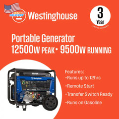 Westinghouse 12500 Watt Gas Powered Portable Generator Remote Electric Start