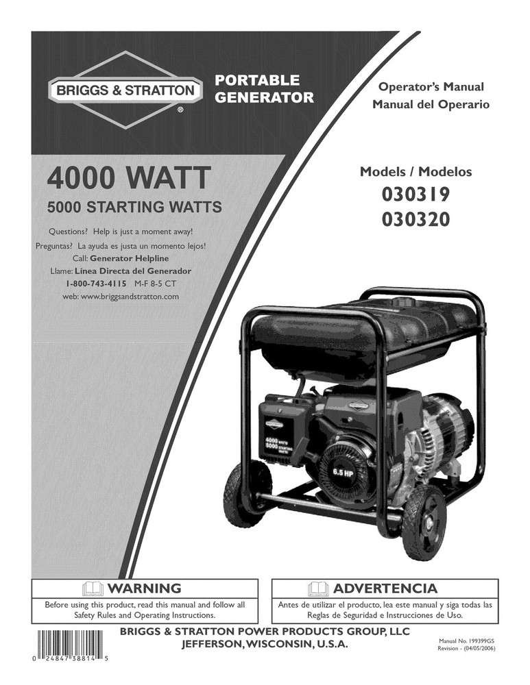 Briggs & Stratton 4000 Watt Portable Generator – Owners Manual & Instructions