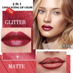 2In1 Dark Borwn Metallic Lipstick and Lip Liner, Shimmer Glitter Lip Gloss Long