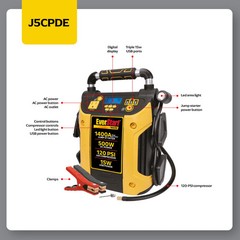 J5CPDE Jump Starter Power Station 1400 Peak Amps 500W Inverter 120 PSI
