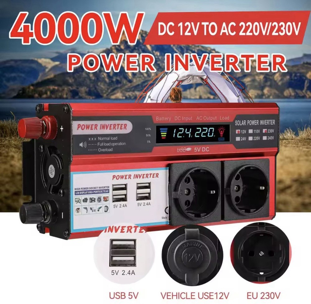 12V 4000W Power Inverter Sine Wave Converter With 4 Outlets + USB