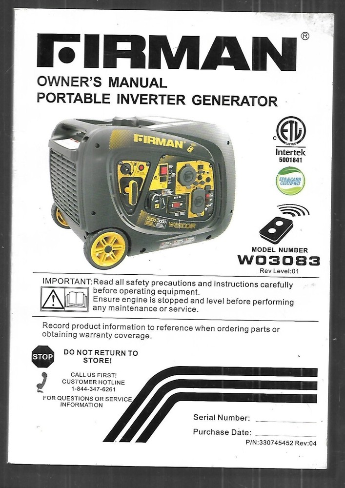 FIRMAN Portable Inverter Generator Owner’s Manual W03083