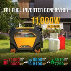 11000W Tri-Fuel Inverter Generator (Gas, Propane, Natural Gas), Quiet, 50A Outle