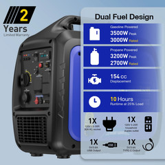 3500W Portable Inverter Generator, Dual Fuel Super Quiet Generator, Eco-Mode Fea