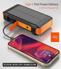 Solar Power Bank 20000mAh Built in Hand Crank and 4 Cables 22.5W Fast Charge