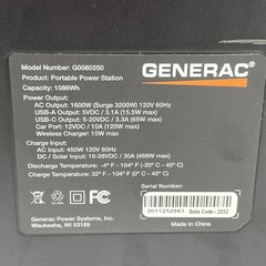 NEW!! Generac 1600W Output/3200W Surge 1086Wh Portable Power Station – G0080250