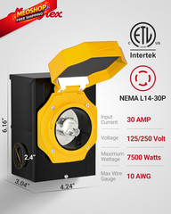 Marsflex 30 Amp Generator Inlet Box, Pre-Drilling NEMA L14-30P 30A, Yellow