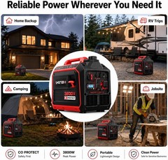 3800W Portable Inverter Generator W/ CO Sensor Quiet & Lightweight Gas Generator