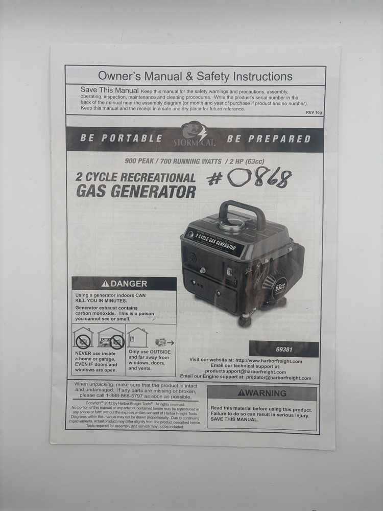 Stormcat 2 Cycle Recreational Gas Generator Owner’s Manual