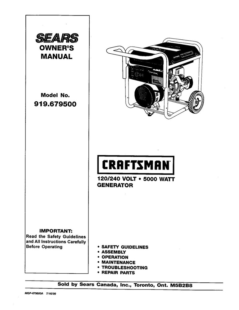 Owners Manual & Parts List Craftsman 5,000-Watt Portable Generator – 919.679500