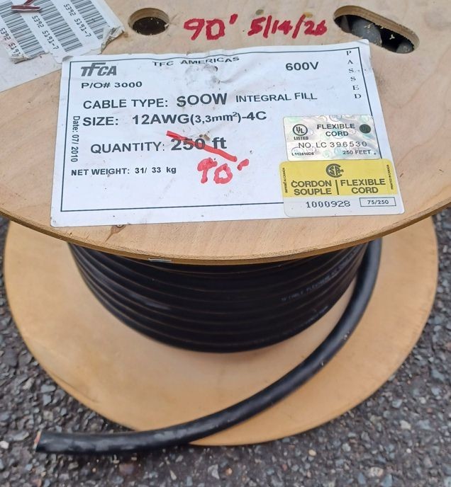 Flexible Portable Cord – #12 AWG 4-conductor SOOW 600V max, single 90 ft length